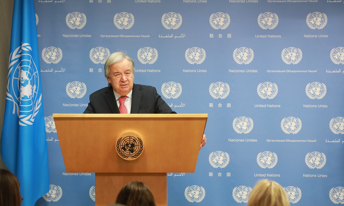 United Nations (UN) Secretary-General Antonio Guterres speaks at a press conference at the UN headquarters in New York on November 6, 2023. He said that the nightmare in Gaza is more than a humanitarian crisis. It is a crisis of humanity and that the unfolding catastrophe makes the need for a humanitarian cease-fire more urgent with every passing hour.Photo: Xinhua