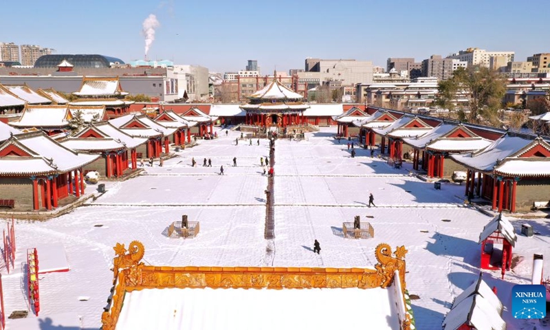 This aerial photo taken on Nov. 7, 2023 shows the snow-covered Shenyang Imperial Palace in Shenyang, northeast China's Liaoning Province. Shenyang Imperial Palace was built in 1625 and had been used as the imperial palace in early Qing Dynasty (1616-1911).(Photo: Xinhua)