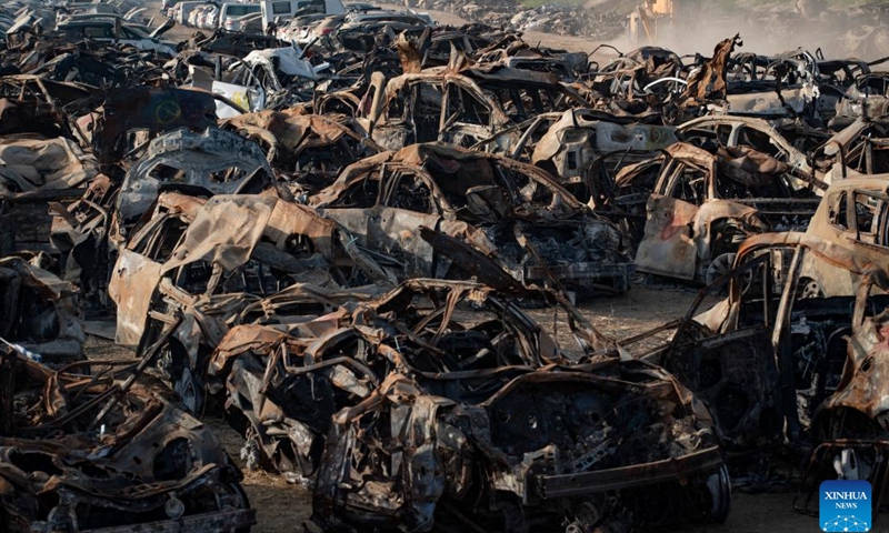 This photo taken on Nov. 6, 2023 shows burnt vehicles placed outside the city of Netivot in southern Israel. These collected vehicles were destroyed in a surprise attack by Gaza-ruling Hamas militants on Israeli military targets and towns on Oct. 7.(Photo: Xinhua)