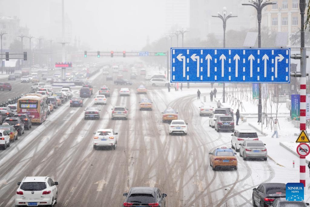 Vehicles move in snow in Harbin, northeast China's Heilongjiang Province, Nov. 8, 2023.(Photo: Xinhua)