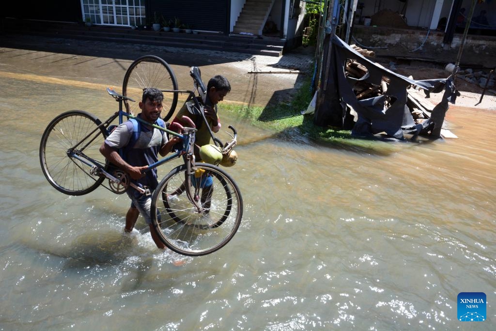 People carrying their bicycles wade through a flooded road in Gampaha, Sri Lanka, on Nov. 8, 2023. Most of the areas in Gampaha district are flooded due to heavy rains in the past few days.(Photo: Xinhua)