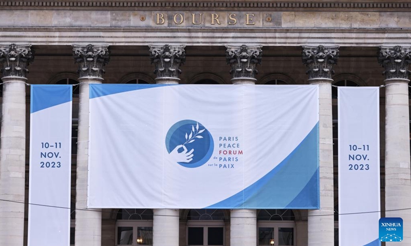 This photo taken on Nov. 10, 2023 shows a poster of Paris Peace Forum in Paris, France.  (Photo: Xinhua)