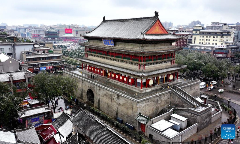 This aerial photo taken on Nov. 11, 2023 the view of snow-covered Drum Tower in Xi'an, northwest China's Shaanxi Province. Xi'an witnessed a snowfall on Saturday, the first one after traditional solar term of Lidong, which means the beginning of winter and fell on Nov. 8 this year. (Photo: Xinhua)