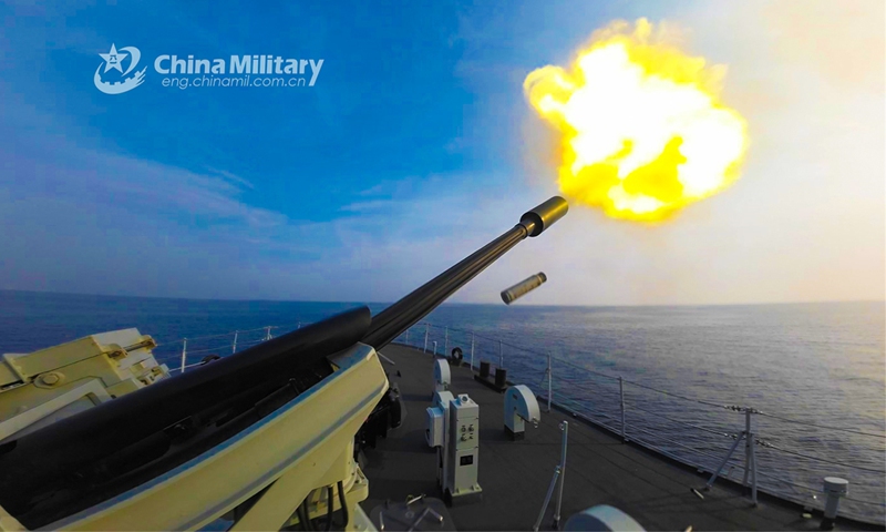 A minesweeper attached to a naval group under the PLA Northern Theater Command fires at mock targets at sea during a maritime combat training exercise on October 23, 2023. (Photo: eng.chinamil.com.cn)