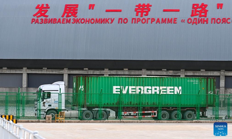 A truck drives at the Irkeshtam port in northwest China's Xinjiang Uygur Autonomous Region, Nov. 7, 2023..  (Photo: Xinhua)