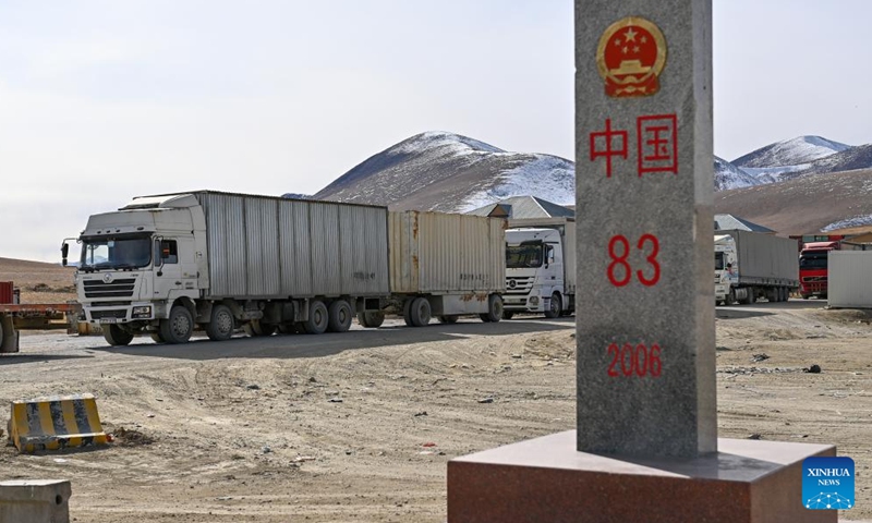 Trucks drive into the Karasu port of northwest China's Xinjiang Uygur Autonomous Region, Nov. 6, 2023. (Photo: Xinhua)