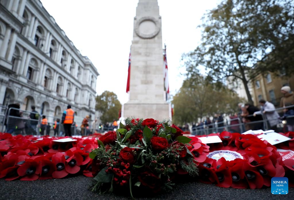 Flowers are seen at the Cenotaph on Whitehall on the occasion of Remembrance Sunday in London, Britain, on Nov. 12, 2023. Remembrance Sunday is an annual commemoration held on the closest Sunday to Armistice Day, Nov. 11, the anniversary of the end of the First World War.(Photo: Xinhua)