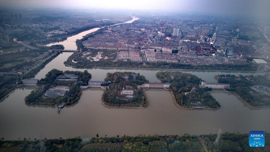 This aerial photo taken on Oct. 30, 2023 shows the Jiangdu Key Water Conservancy Project along the eastern route of South-to-North Water Diversion Project in Yangzhou, east China's Jiangsu Province. The first phase of the eastern route of China's South-to-North Water Diversion Project has benefited more than 68 million people in east China's Shandong Province in its decade-long operation, China South-to-North Water Diversion Co., Ltd. said Wednesday.(Photo: Xinhua)