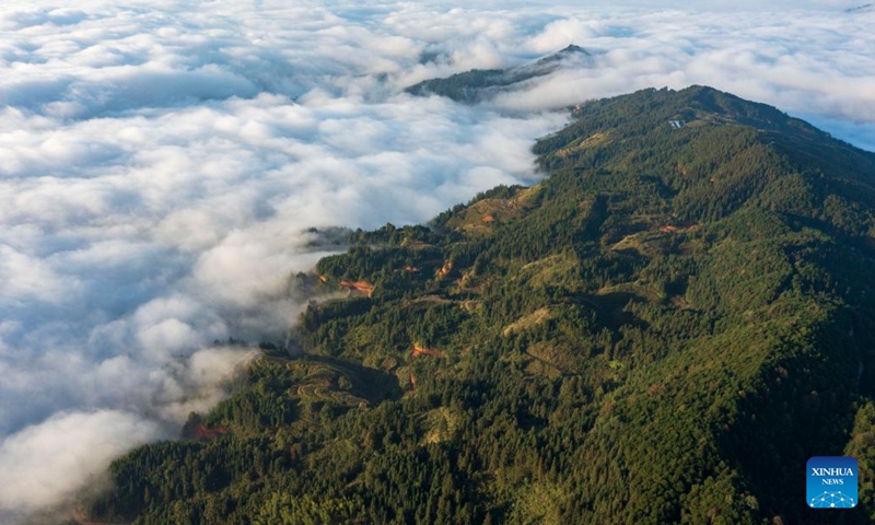 This aerial photo taken on Nov. 17, 2023 shows the scenery of sea of clouds at Xinsheng Village of Congjiang County, southwest China's Guizhou Province. (Photo: Xinhua)