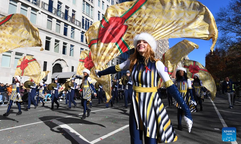 Performers attend the 2023 Macy's Thanksgiving Day Parade in New York, the United States, on Nov. 23, 2023. (Photo: Xinhua)