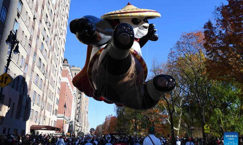 The balloon of Kung Fu Panda's Po is seen during the 2023 Macy's Thanksgiving Day Parade in New York, the United States, on Nov. 23, 2023. (Photo: Xinhua)