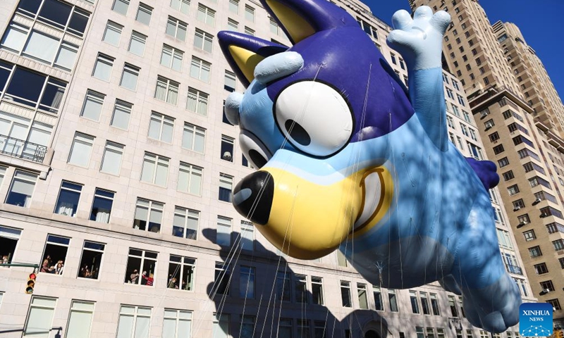 The balloon of Bluey is seen during the 2023 Macy's Thanksgiving Day Parade in New York, the United States, on Nov. 23, 2023. (Photo: Xinhua)