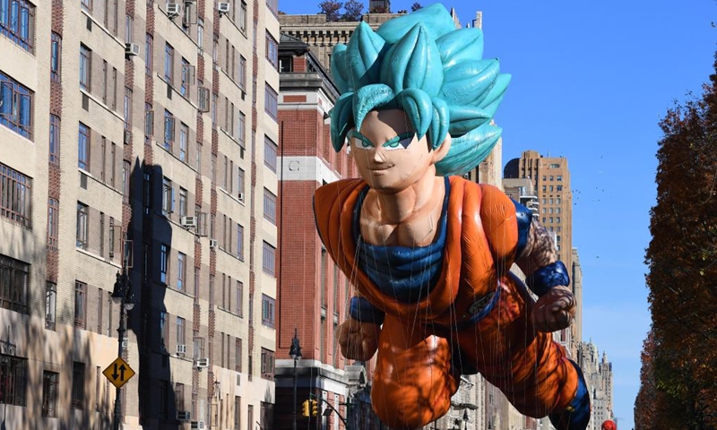 The balloon of Goku is seen during the 2023 Macy's Thanksgiving Day Parade in New York, the United States, on Nov. 23, 2023. (Photo: Xinhua)