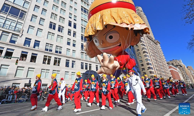 The balloon of Monkey D. Luffy is seen during the 2023 Macy's Thanksgiving Day Parade in New York, the United States, on Nov. 23, 2023. (Photo: Xinhua)