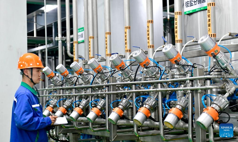 An employee checks a production line of a biotech company in Boxing County, east China's Shandong Province, Nov. 26, 2023. (Photo: Xinhua)