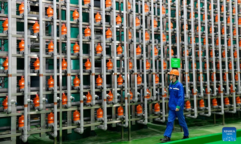 An employee checks a production line of a biotech company in Boxing County, east China's Shandong Province, Nov. 26, 2023. (Photo: Xinhua)