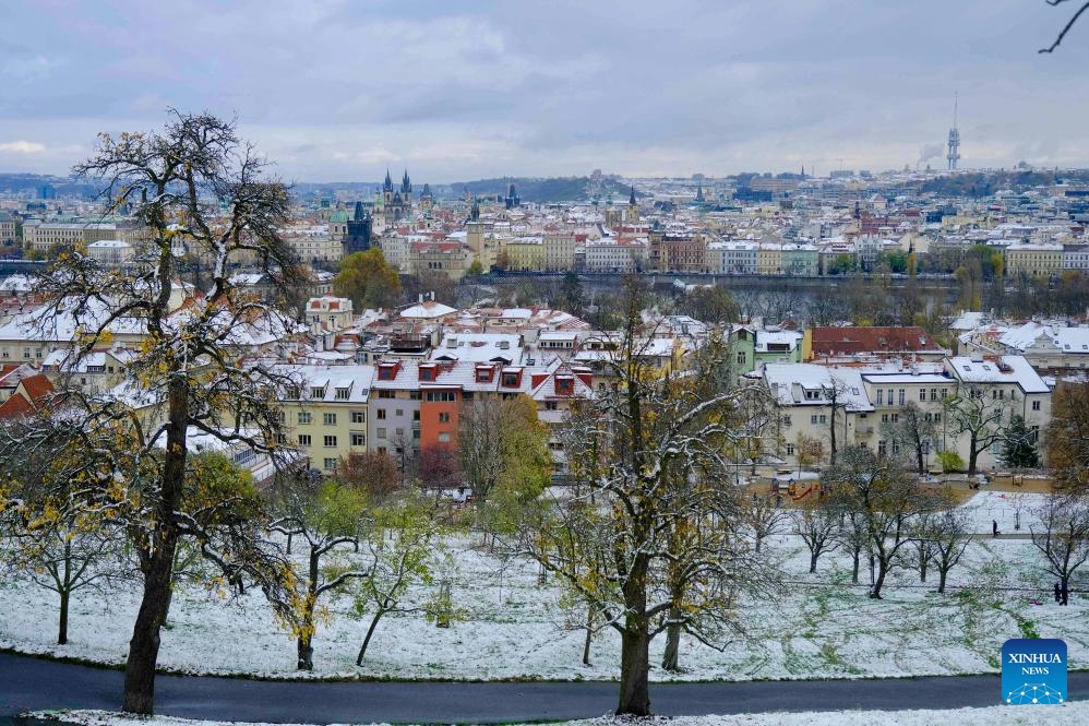 This photo taken on Nov. 26, 2023 shows a city view after snow in Prague, the Czech Republic.(Photo: Xinhua)