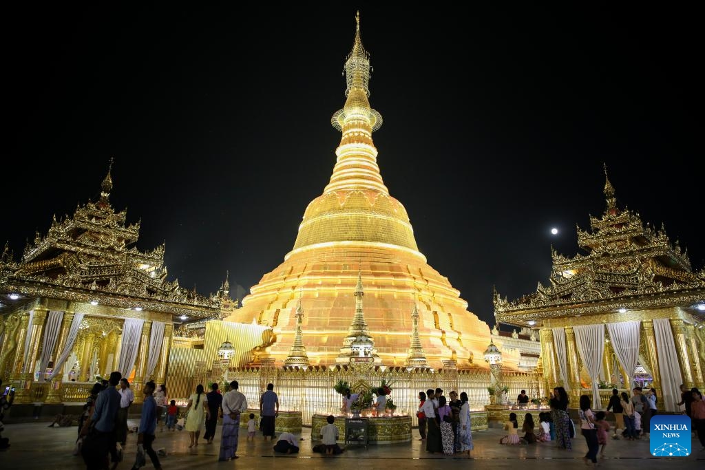 People celebrate the Tazaungdaing festival, also known as the Festival of Lights, in Yangon, Myanmar, Nov. 27, 2023.(Photo: Xinhua)