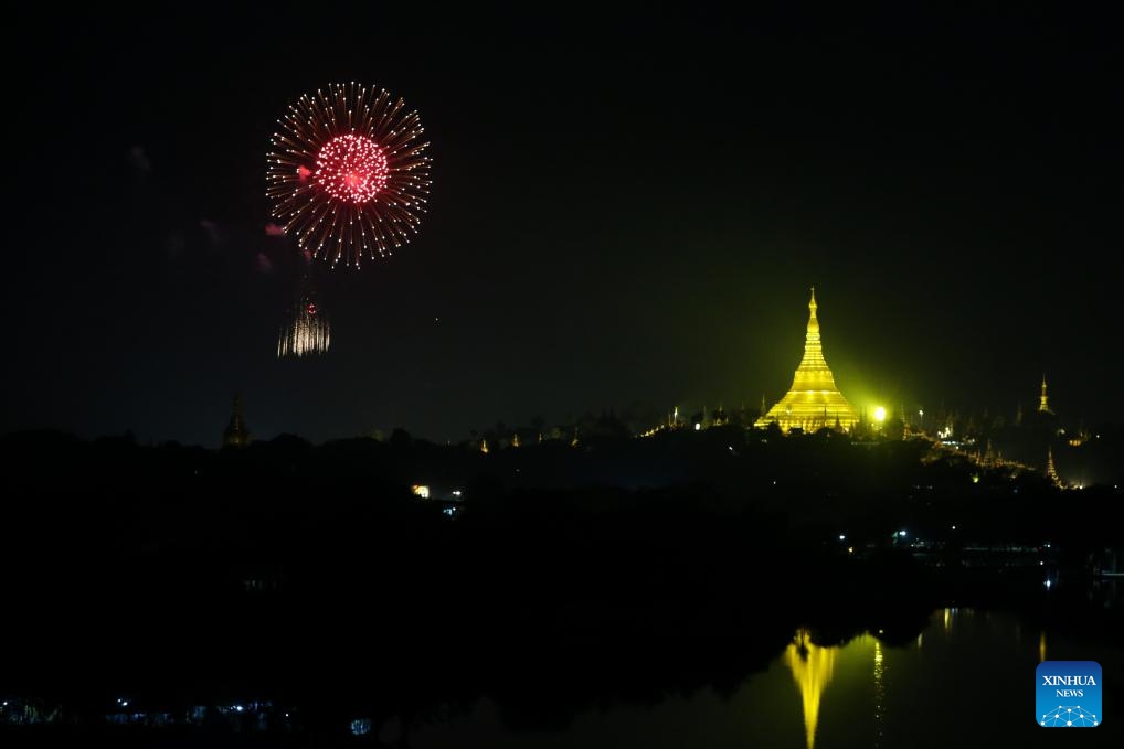 Fireworks explode during the Tazaungdaing festival, also known as the Festival of Lights, in Yangon, Myanmar, Nov. 27, 2023.(Photo: Xinhua)