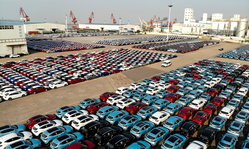 Nearly 5,000 of SAIC's MG-branded vehicles wait to be exported at the port of Lianyungang, East China's Jiangsu Province on Sunday. The vehicles are headed to markets including the UK, Australia and Belgium. The port's auto export business has grown rapidly this year. Photo: cnsphoto