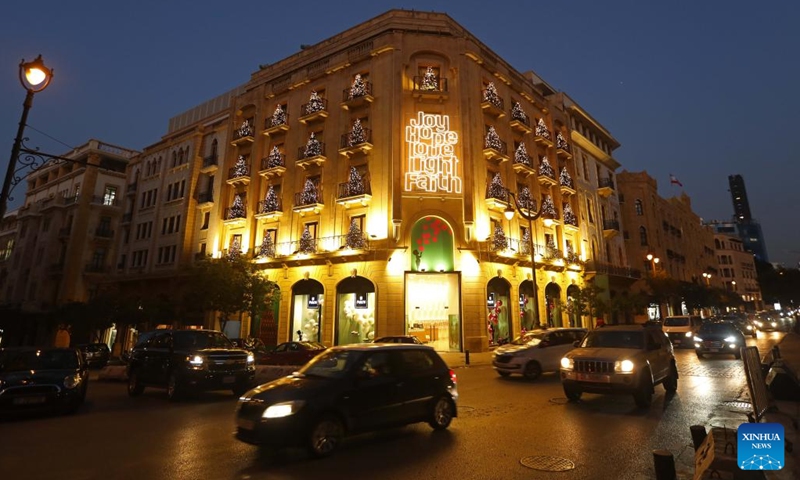 This photo taken on Dec. 1, 2023 shows decorations for Christmas in Beirut, Lebanon. (Photo: Xinhua)