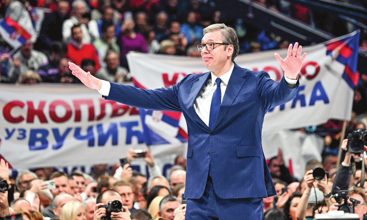 Serbian President Aleksandar Vucic gestures during a political rally of the Serbian Progressive Party (SNS) at the Stark Arena in Belgrade on December 2, 2023, ahead of the December 17 elections. Along with parliamentary elections, Serbian citizens will cast ballots in 65 municipalities, including the capital Belgrade. Photo: AFP