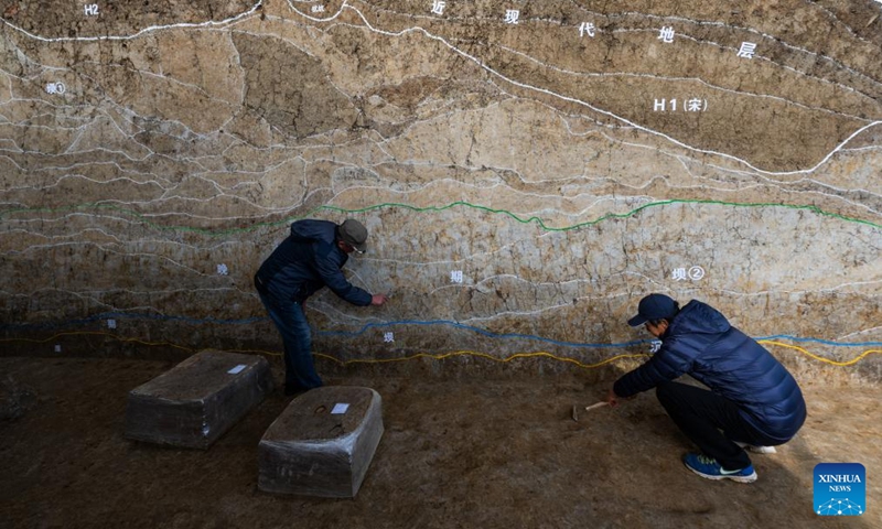 Archeologists work at the relics site of the Xiongjialing Dam in Jingmen, central China's Hubei Province, Dec. 4, 2023. The Xiongjialing Dam, which was initially built around 5,100 years ago, is part of the Qujialing relics site in the city of Jingmen, central China's Hubei Province. The dam, complete with a reservoir and spillway, has been identified as China's earliest known water conservancy project.(Photo: Xinhua)