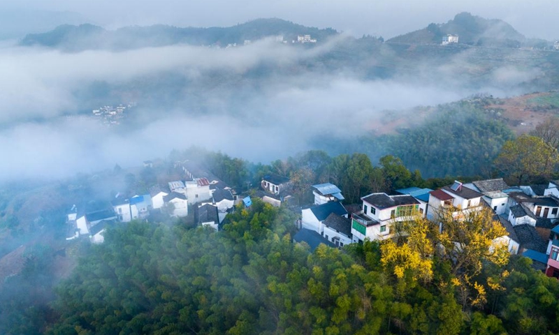 This aerial photo taken on Dec. 5, 2023 shows the scenery in Poshan Village, Shexian County of Huangshan City, east China's Anhui Province.(Photo: Xinhua)