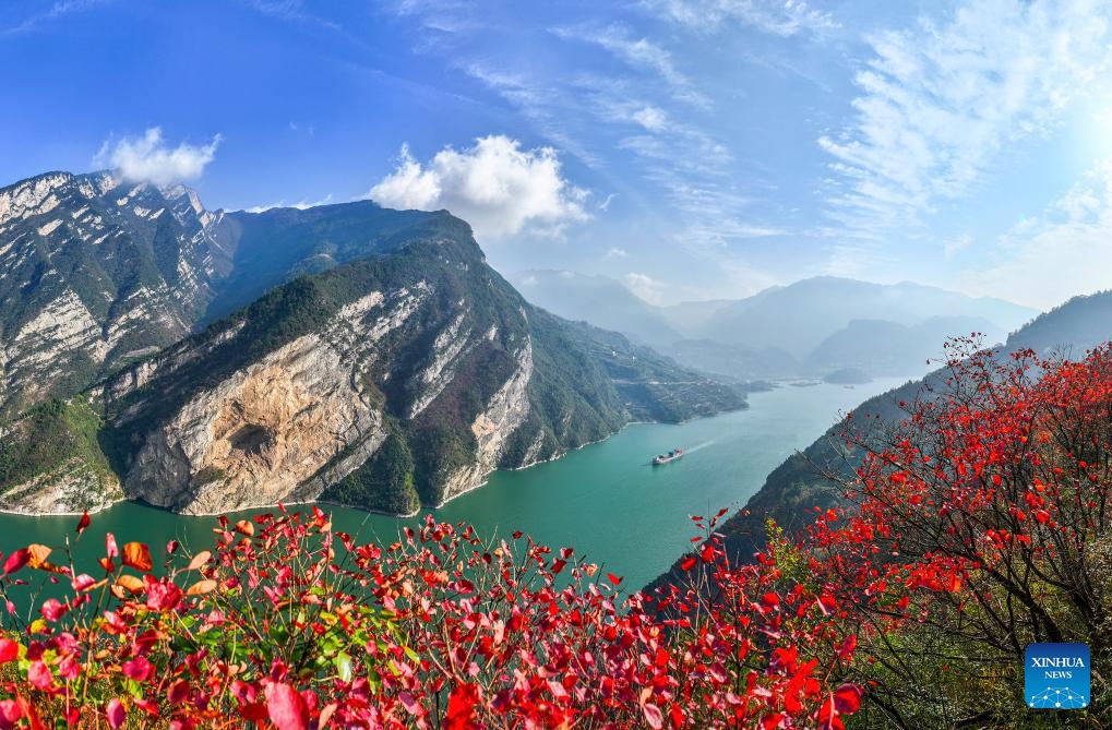 This aerial photo taken on Dec. 2, 2023 shows a ship passing through a gorge in Zigui County of Yichang, central China's Hubei Province.(Photo: Xinhua)