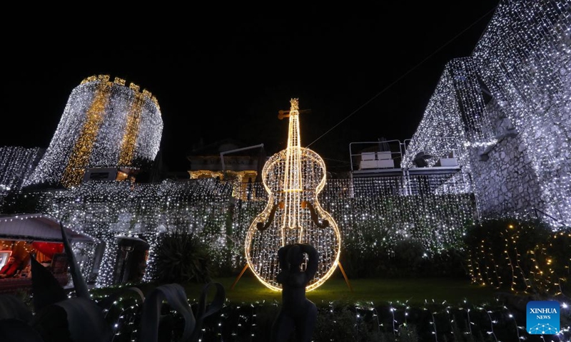 Photo taken on Dec. 5, 2023 shows the Trsat Castle decorated with lights for the holiday season in Trsat, Croatia.(Photo: Xinhua)