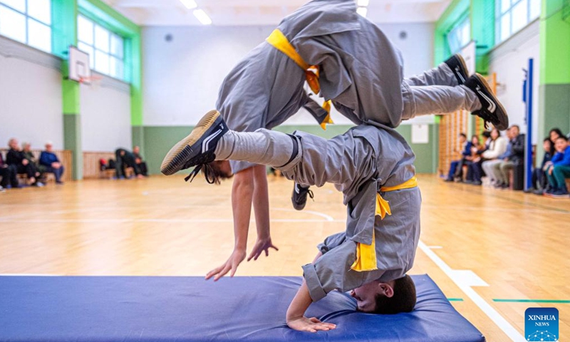 Participants perform at the Chinese Wushu (Kung Fu) and Tai Chi Performance Competition held by Lithuanian Wushu Federation in Vilnius, Lithuania, Dec. 9, 2023. (Photo: Xinhua)