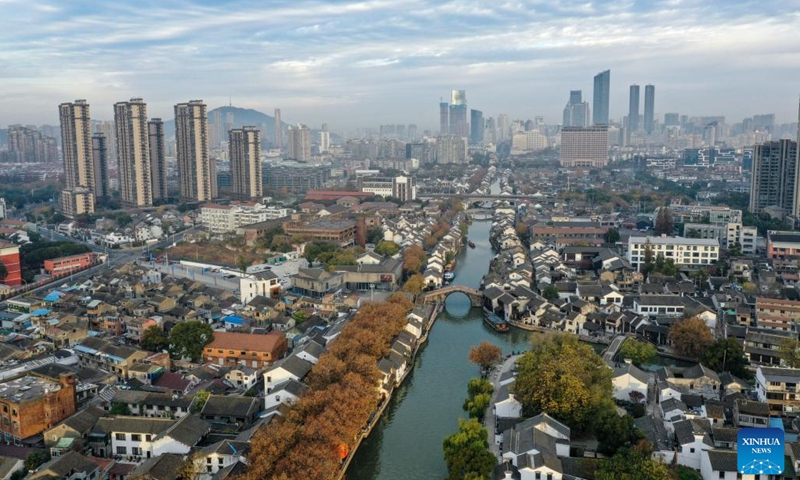 This aerial photo taken on Dec. 9, 2023 shows the view of a historical and cultural district along the Grand Canal in Wuxi, east China's Jiangsu Province. (Photo: Xinhua)