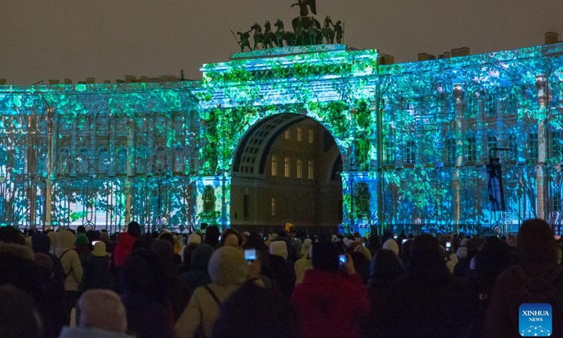 People watch a light show at the Palace Square in St. Petersburg, Russia, on Dec. 9, 2023. The light show was held Saturday to mark the 259th anniversary of the State Hermitage Museum. (Photo: Xinhua)