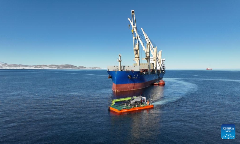 This aerial photo taken on Dec. 8, 2023 shows cargo vessel Tian Hui unloading supplies near the coastal areas of the Ross Sea. A new scientific research station will be established along the coastal areas of the Ross Sea during this expedition, becoming China's fifth research station in Antarctica and the third permanent ones, after the Changcheng and Zhongshan stations. (Photo: Xinhua)