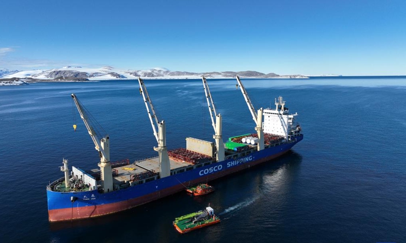 This aerial photo taken on Dec. 8, 2023 shows cargo vessel Tian Hui unloading supplies near the coastal areas of the Ross Sea. A new scientific research station will be established along the coastal areas of the Ross Sea during this expedition, becoming China's fifth research station in Antarctica and the third permanent ones, after the Changcheng and Zhongshan stations. (Photo: Xinhua)