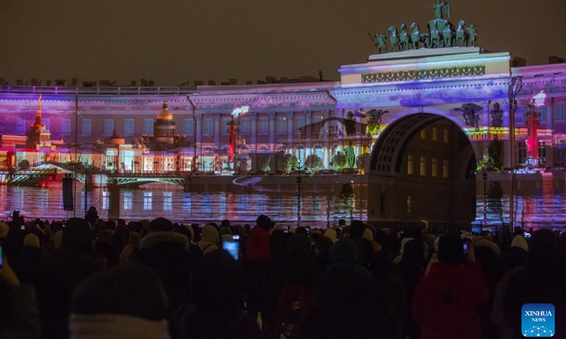 People watch a light show at the Palace Square in St. Petersburg, Russia, on Dec. 9, 2023. The light show was held Saturday to mark the 259th anniversary of the State Hermitage Museum. (Photo: Xinhua)