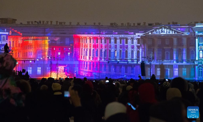 People watch a light show at the Palace Square in St. Petersburg, Russia, on Dec. 9, 2023. The light show was held Saturday to mark the 259th anniversary of the State Hermitage Museum. (Photo: Xinhua)