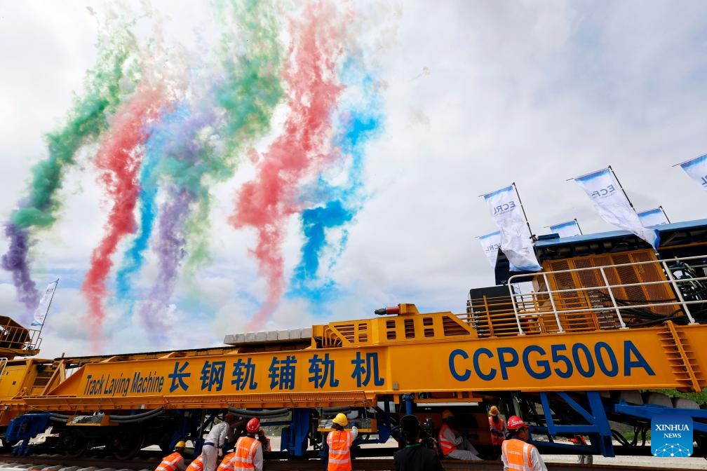 This photo shows the launching site of the East Coast Rail Link project in Kuantan, Malaysia on Dec. 11, 2023. The East Coast Rail Link (ECRL), a mega rail project in Malaysia being built by the China Communications Construction Company (CCCC) has seen its first tracks being laid on Monday. Malaysian King Sultan Abdullah Sultan Ahmad Shah is among the guests to witness the historic moment in a ceremony here.(Photo: Xinhua)