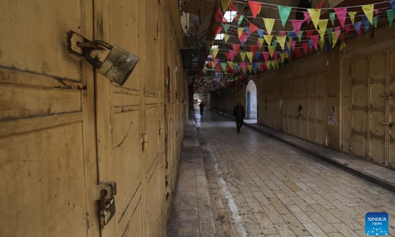 Photo taken on Dec. 11, 2023 shows closed stores in the West Bank city of Nablus. A comprehensive strike in the West Bank and east Jerusalem in protest of Israel's ongoing offensive in the Gaza Strip paralyzed all aspects of life in those Palestinian territories on Monday. (Photo: Xinhua)