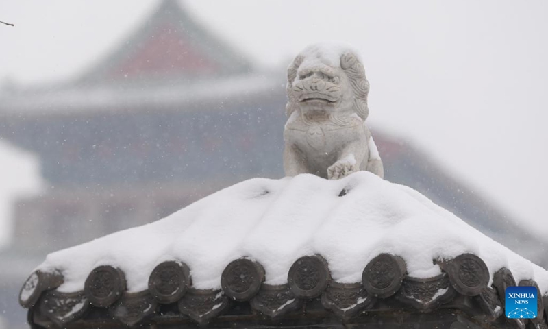 This photo taken on Dec. 13, 2023 shows a stone lion sculpture near the Zhengyang Gate in Beijing, capital of China.(Photo: Xinhua)