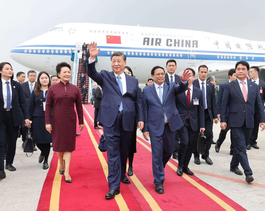 Xi Jinping, general secretary of the Communist Party of China Central Committee and Chinese president, arrives in Hanoi, capital of Vietnam, Dec. 12, 2023, for a state visit at the invitation of General Secretary of the Central Committee of the Communist Party of Vietnam Nguyen Phu Trong and Vietnamese President Vo Van Thuong. (Xinhua/Pang Xinglei)