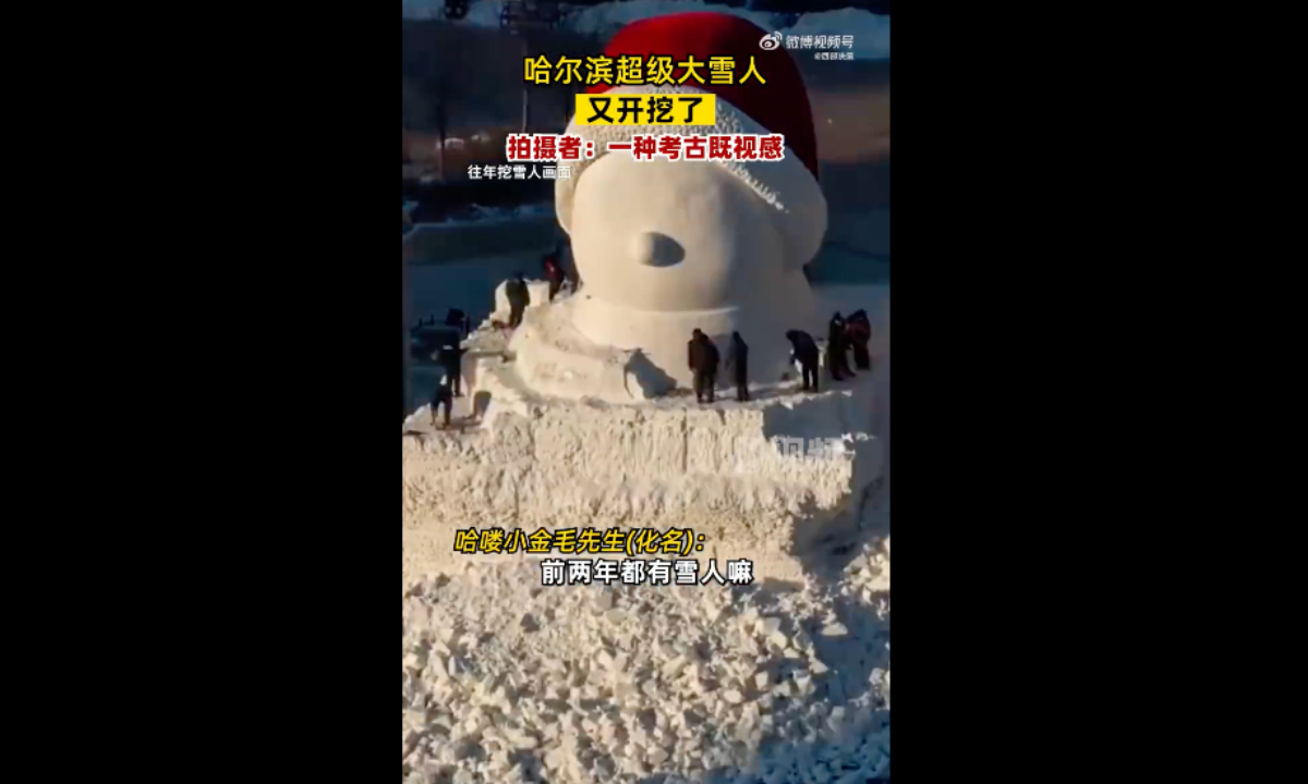 On Monday, a netizen from Harbin, Northeast China’s Heilongjiang Province, posted a video capturing the scene of workers digging snowmen from a square block of snow in Harbin. Photo: web