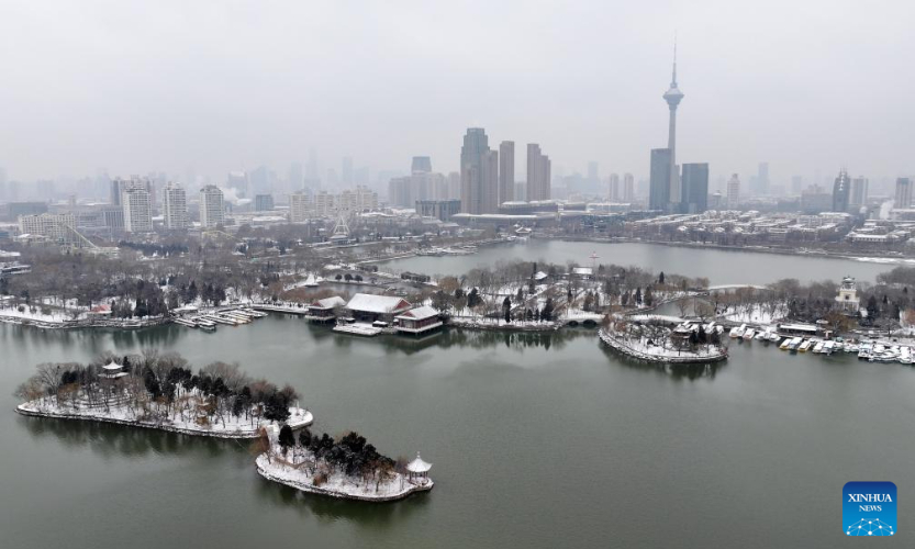 This aerial photo taken on Dec. 13, 2023 shows snow scenery at the Tianjin Water Park in Tianjin, north China. (Xinhua/Zhao Zishuo)