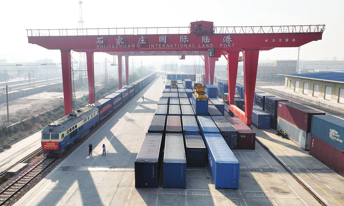 A long-range train arrived at Shijiazhuang city, North China's Hebei Province, on December 5, 2023, carrying  35 containers of goods and 800 tons of timber and other products from Hanoi, Vietnam. Photo:VCG 