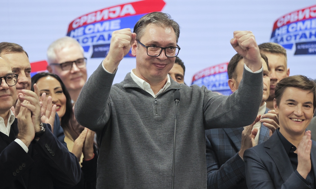 
Serbian President Aleksandar Vucic reacts during a press conference at the Serbian Progressive Party (SNS) headquarters in Belgrade, Serbia, on local time December 17, 2023. Coalition around the ruling SNS won over 127 out of 250 seats at the snap parliamentary election, Vucic announced at the headquarters of SNS. Photo: VCG