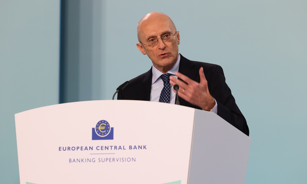 Andrea Enria, chair of the supervisory board at the European Central Bank (ECB), speaks at a news conference in Frankfurt, Germany on December 19, 2023. The ECB said capital requirements for the region's lenders will rise to 11.1 percent next year from 10.7 percent, reflecting the impact of macroprudential policies. Photo: VCG 