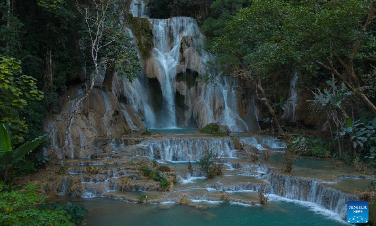 This aerial photo taken on Dec 30, 2023 shows the view of Kuang Si waterfall in Luang Prabang, Laos. Photo:Xinhua