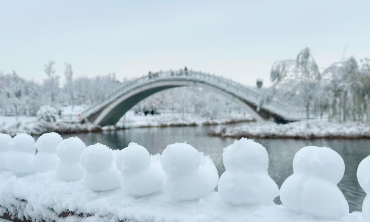 This photo taken on Dec 11, 2023 shows the scenery after snow at a park in Wenxian County of Jiaozuo, central China's Henan Province. A rendezvous with snow refreshes the landscapes as winter leaves its steps in most parts of China.Photo:Xinhua