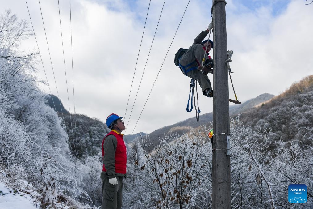 Staff members of local power supply company inspect power transmission lines in Shennongjia Forestry District, central China's Hubei Province, Dec. 19, 2023. Maintenance works of power transmission lines in Shennongjia forest district have been conducted to alleviate impacts inflicted by snowfall and other freezing conditions.(Photo: Xinhua)