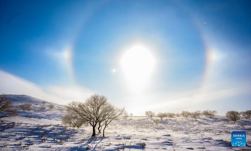 This photo taken on Dec. 20, 2023 shows a solar halo view in West Ujimqin Banner of Xilingol League, north China's Inner Mongolia Autonomous Region.(Photo: Xinhua)